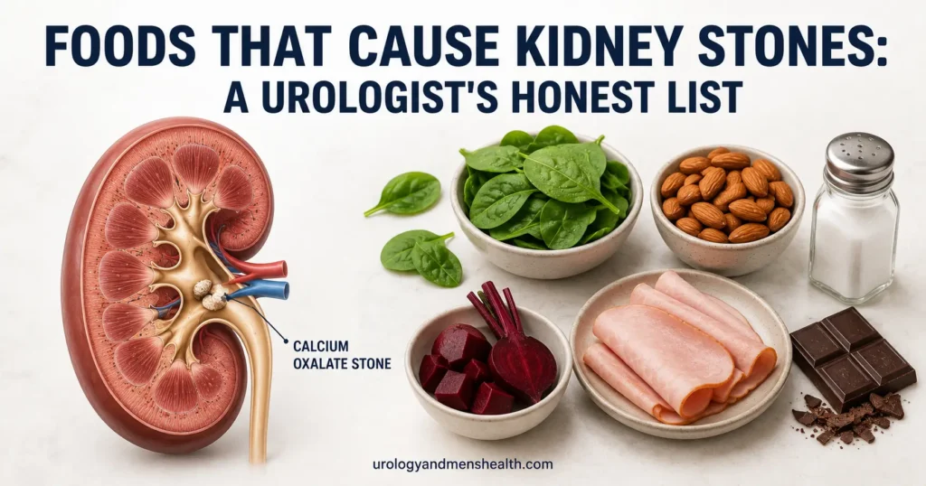 Foods that cause kidney stones arranged on a clinical surface with anatomical kidney reference.