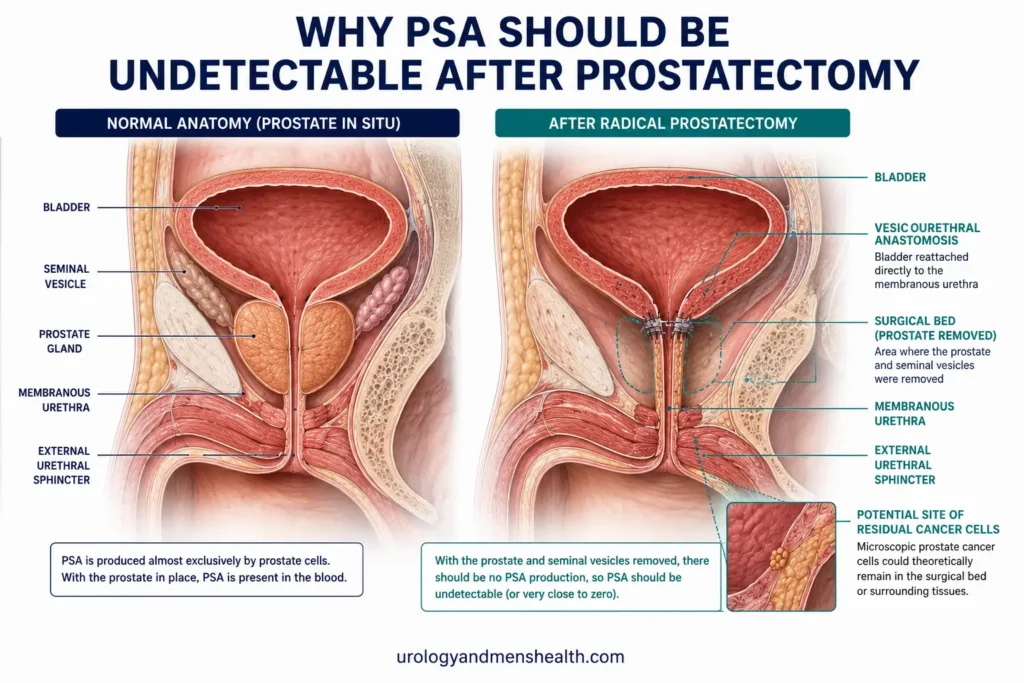 PSA After Prostatectomy: Follow-Up Numbers Explained 2 Anatomy showing prostate removed and bladder reattached after radical prostatectomy