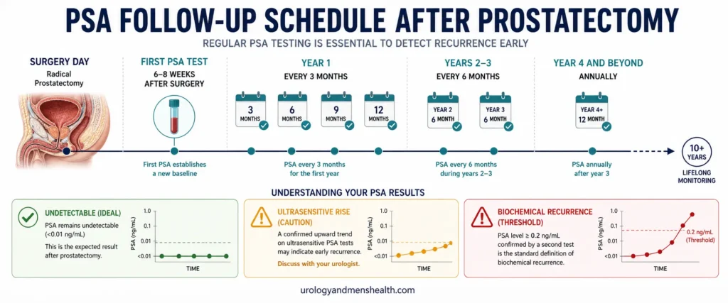 PSA After Prostatectomy: Follow-Up Numbers Explained 3 PSA testing schedule timeline after radical prostatectomy showing first PSA at 6-8 weeks