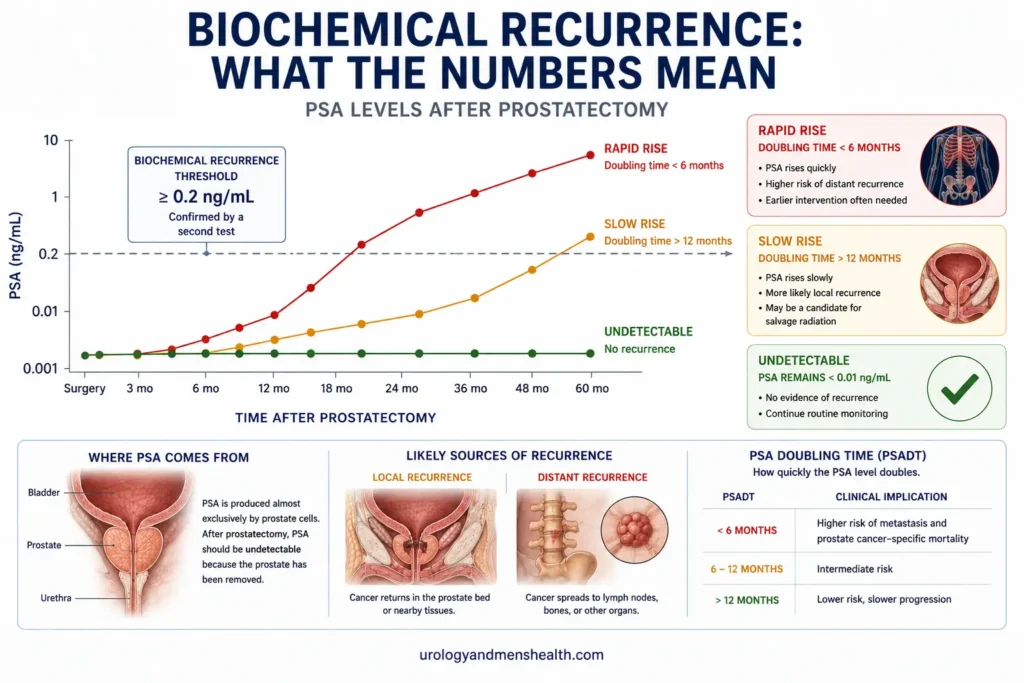 PSA After Prostatectomy: Follow-Up Numbers Explained 4 PSA biochemical recurrence threshold and doubling time chart after prostatectomy
