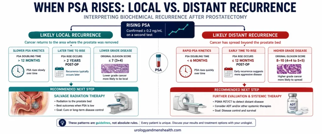 PSA After Prostatectomy: Follow-Up Numbers Explained 5 Decision flowchart for biochemical recurrence after prostatectomy showing local versus distant patterns