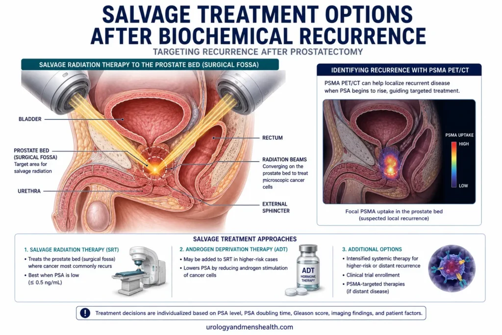 PSA After Prostatectomy: Follow-Up Numbers Explained 6 Salvage radiation therapy targeting the prostate bed after biochemical recurrence