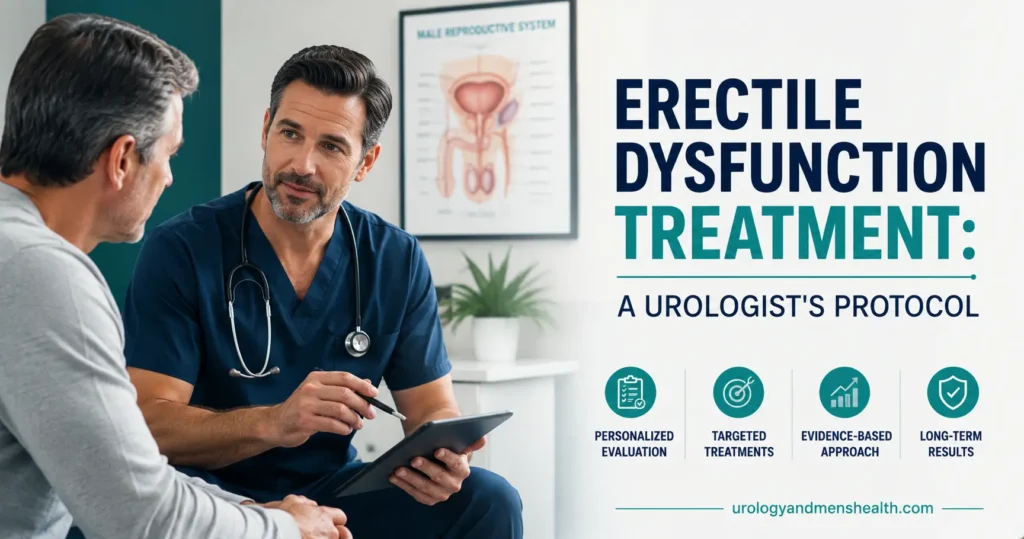 Urologist consulting with a male patient about erectile dysfunction treatment options in a clinical setting. urologyandmenshealth.com