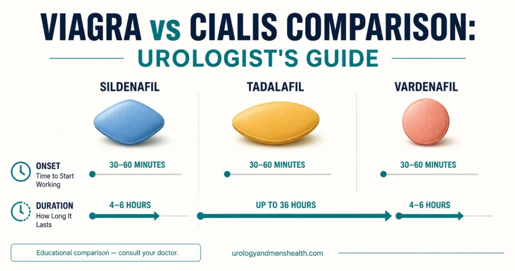 Viagra vs Cialis Comparison: Urologist's Guide 1 Side-by-side comparison of sildenafil (Viagra), tadalafil (Cialis), and vardenafil ED medications showing onset times and duration