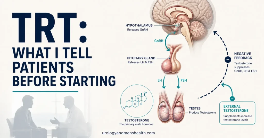 Testosterone replacement therapy consultation showing hormone pathway and patient decision points
