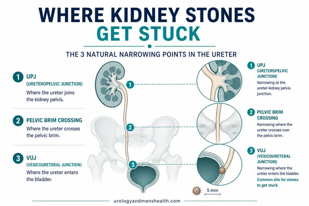 Anatomical diagram showing kidney stone lodged in the ureter at the vesicoureteral junction, with the three natural ureteric narrowing points labeled. How to pass a kidney stone fast
