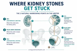 Anatomical diagram showing kidney stone lodged in the ureter at the vesicoureteral junction, with the three natural ureteric narrowing points labeled. How to pass a kidney stone fast