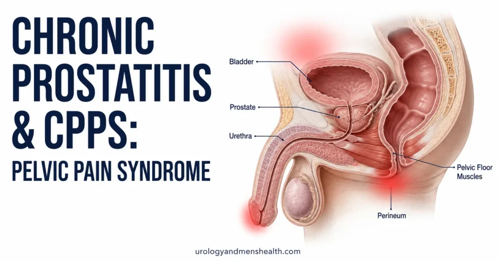 Chronic prostatitis treatment diagram showing pelvic anatomy and CPPS pain referral points