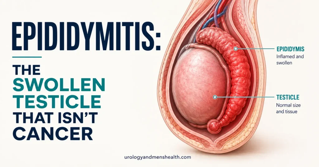 Epididymitis causing painful swollen testicle in adult male, anatomical cross-section