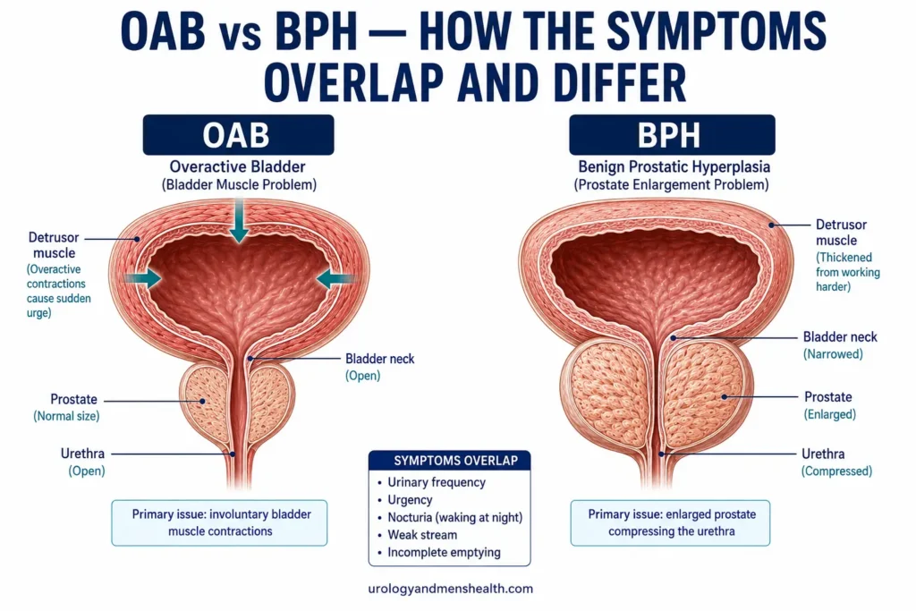Overactive Bladder in Men: Symptoms & Real Treatment 2 Comparison illustration of overactive bladder versus enlarged prostate showing different mechanisms in men