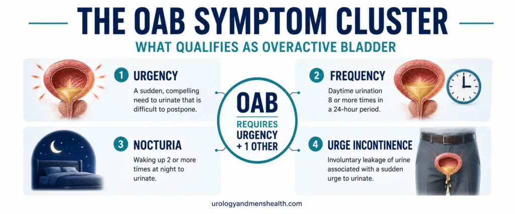 Overactive Bladder in Men: Symptoms & Real Treatment 3 Infographic showing the four core symptoms of overactive bladder in men: urgency, frequency, nocturia, and urge incontinence