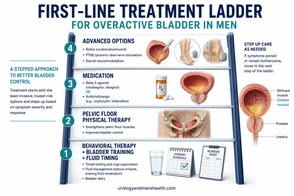 Overactive Bladder in Men: Symptoms & Real Treatment 5 Treatment ladder showing stepped care for overactive bladder in men from behavioral therapy through medication to advanced options
