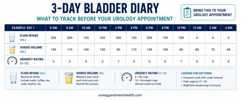 Overactive Bladder in Men: Symptoms & Real Treatment 4 Sample 24-hour bladder diary template showing fluid intake voided volume and urgency episodes for overactive bladder workup