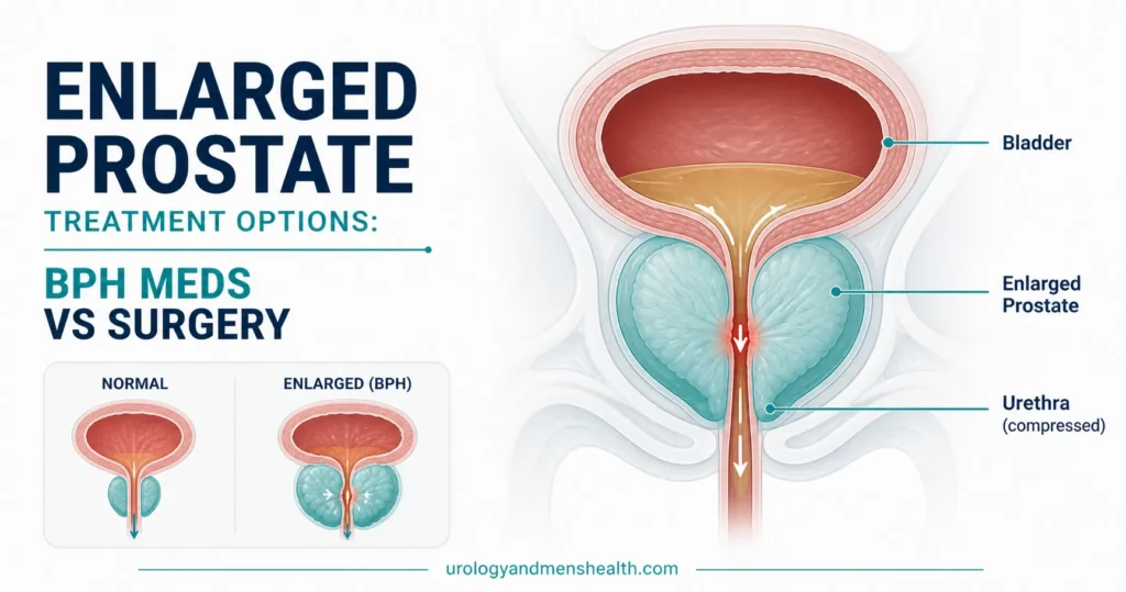 Anatomical diagram showing an enlarged prostate compressing the urethra and obstructing urine flow from the bladder. enlarged prostate treatment options