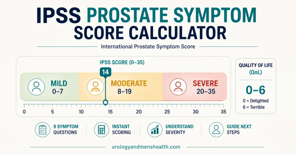 IPSS prostate symptom score calculator showing scoring tiers from mild to severe with quality of life rating