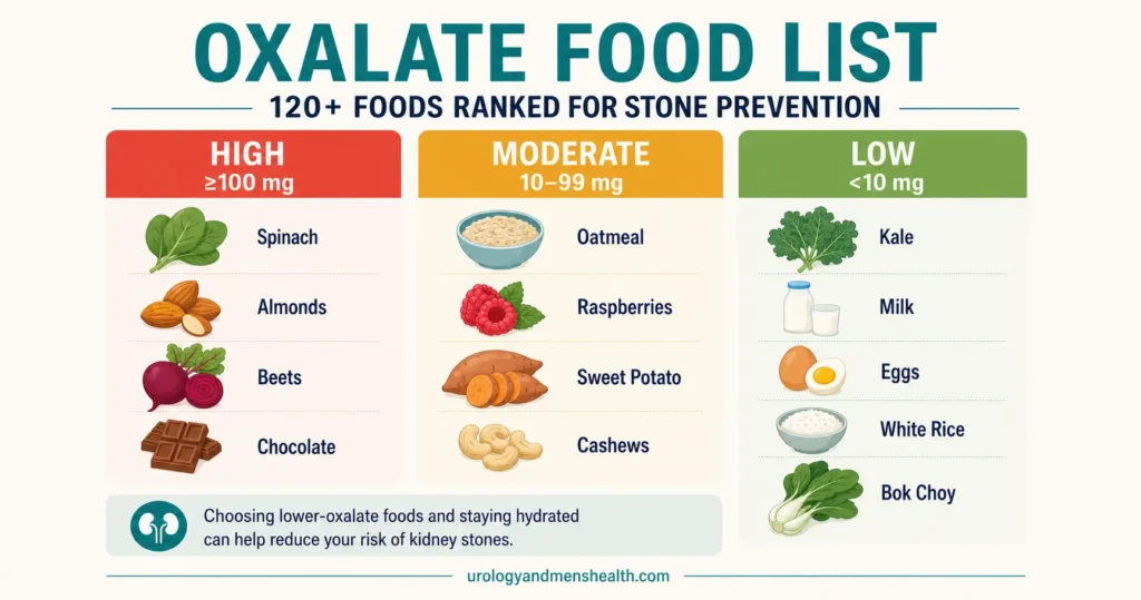 T5_Oxalate Food List: 120+ Foods Ranked for Stone Prevention 1 Oxalate food list ranking high, moderate, and low oxalate foods for kidney stone prevention