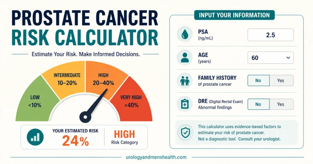 Prostate cancer risk calculator showing PSA, age, and clinical risk factor inputs with risk tier output