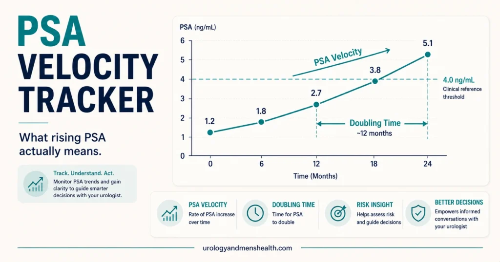 T8_PSA Velocity Tracker 1 PSA velocity tracker showing rising PSA trend chart with doubling time calculation