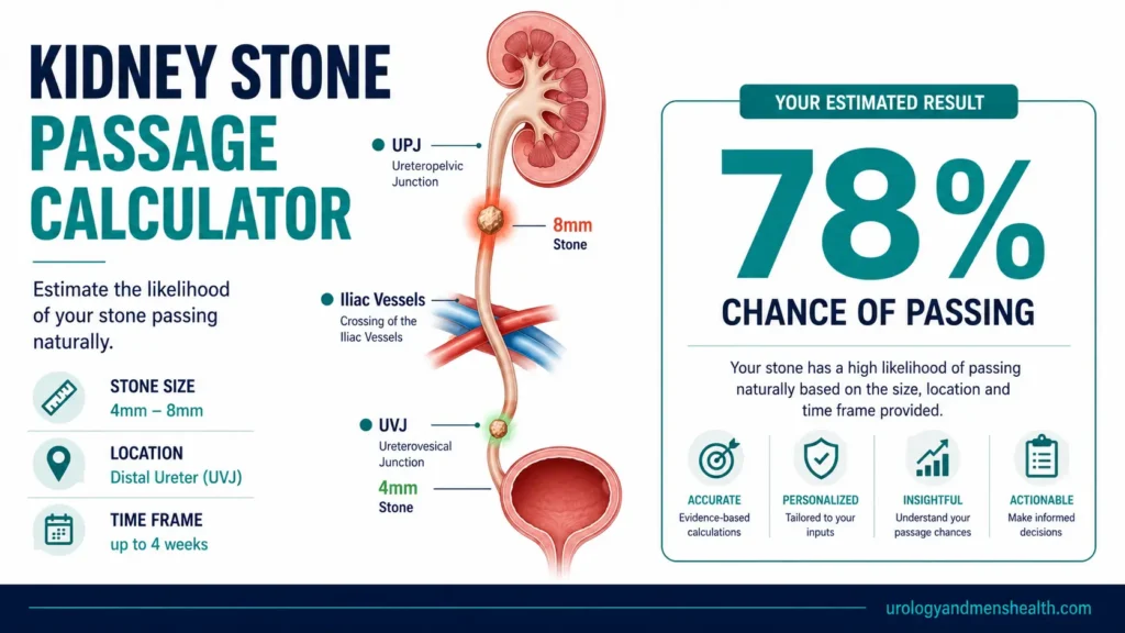 T9_Kidney Stone Passage Calculator | Will It Pass? 1 Kidney stone passage calculator showing stone size and ureter anatomy diagram — urologyandmenshealth.com