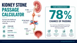 Kidney stone passage calculator showing stone size and ureter anatomy diagram — urologyandmenshealth.com
