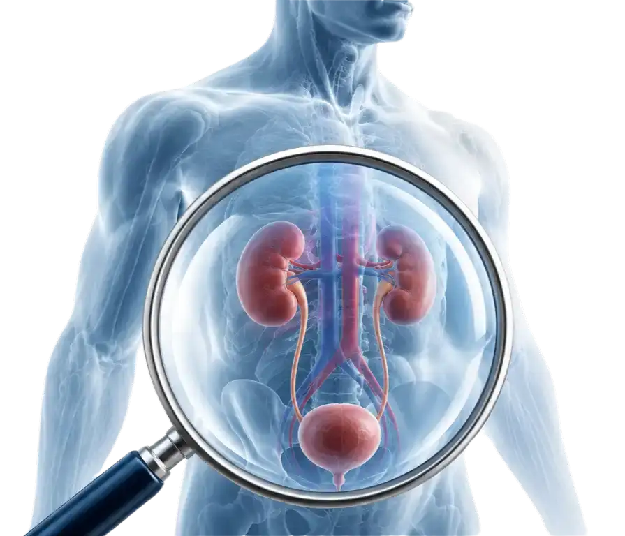 Urinary system illustration under a magnifier