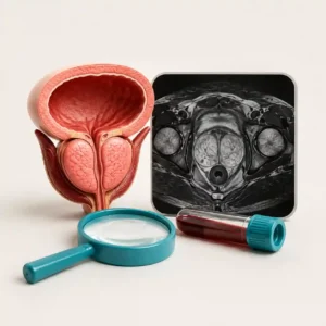 prostate MRI scan and PSA blood vial illustrating a biopsy decision