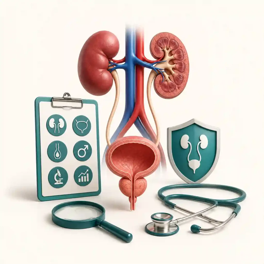 Grid of free urological health tool icons by Dr. Muhammad Khalid — kidney, prostate, blood pressure, and sexual healthcalculators on a teal background.