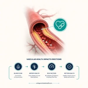 Medical illustration showing the connection between cardiovascular health, arterial plaque, and erectile dysfunction.