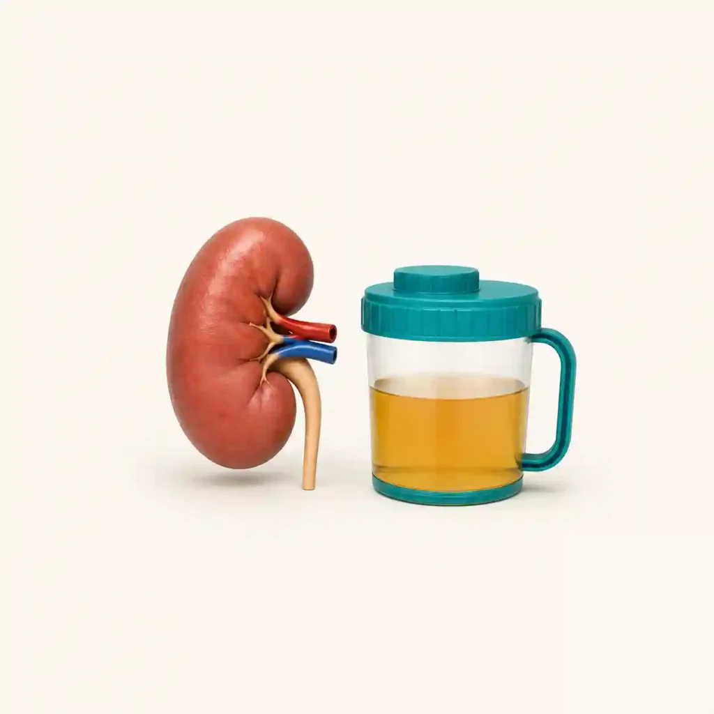 24-hour urine collection container beside a kidney for stone-risk testing